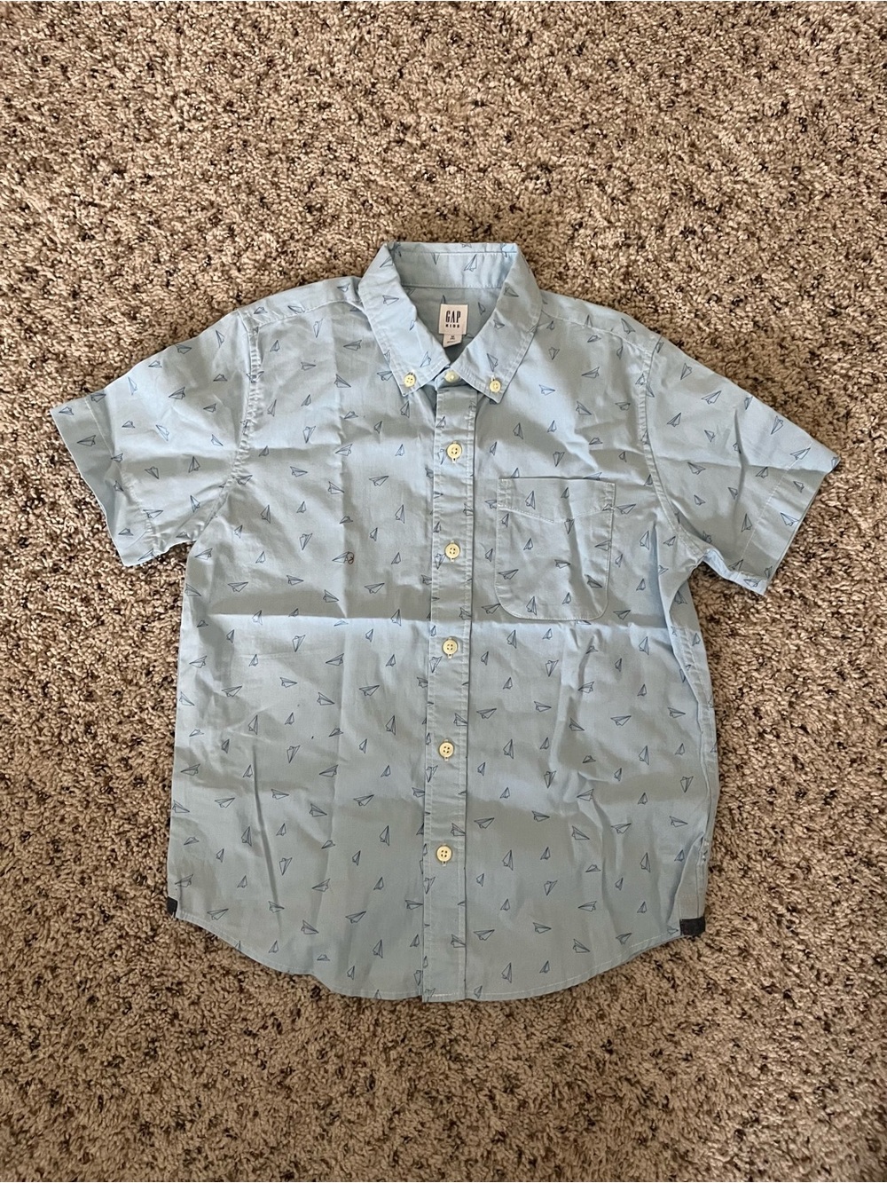 Gap Kids Boys Light Blue Button Down Shirt Medium 8 Paper Plane Print
